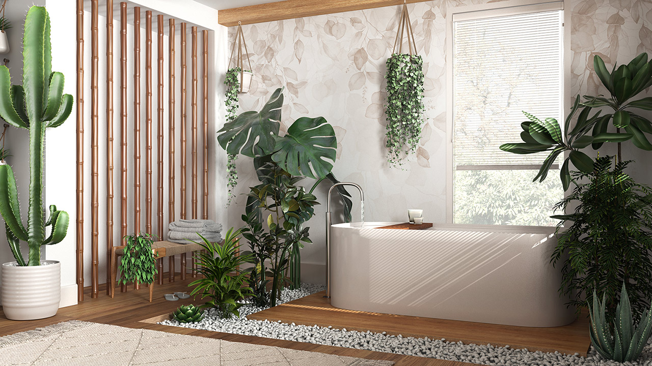 Modern wooden bathroom in white and beige tones with freestanding bathtub and bamboo wall.