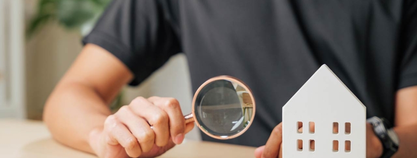 Hand with a magnifying glass examines a block house for real estate purposes