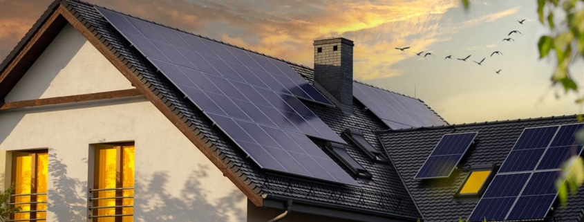 Night view of a beautiful white house with solar panels