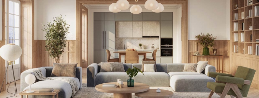 A stylish living room interior featuring modern designer furniture