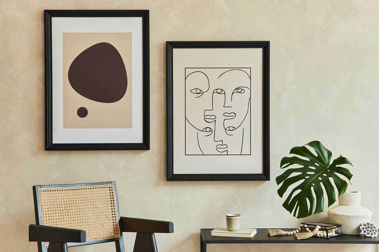 Creative composition of stylish modern living room interior with two mock up poster frames