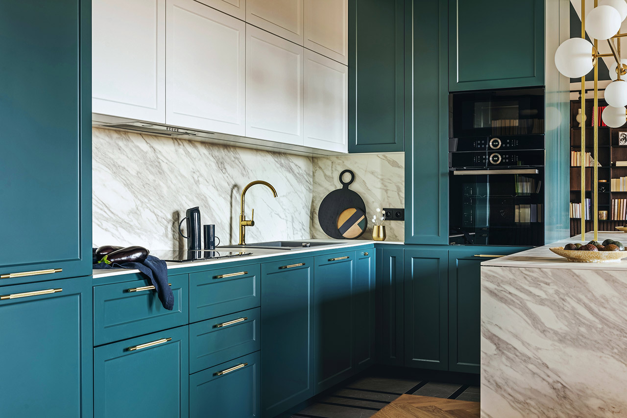 Luxury modern and vintage turquoise and white kitchen
