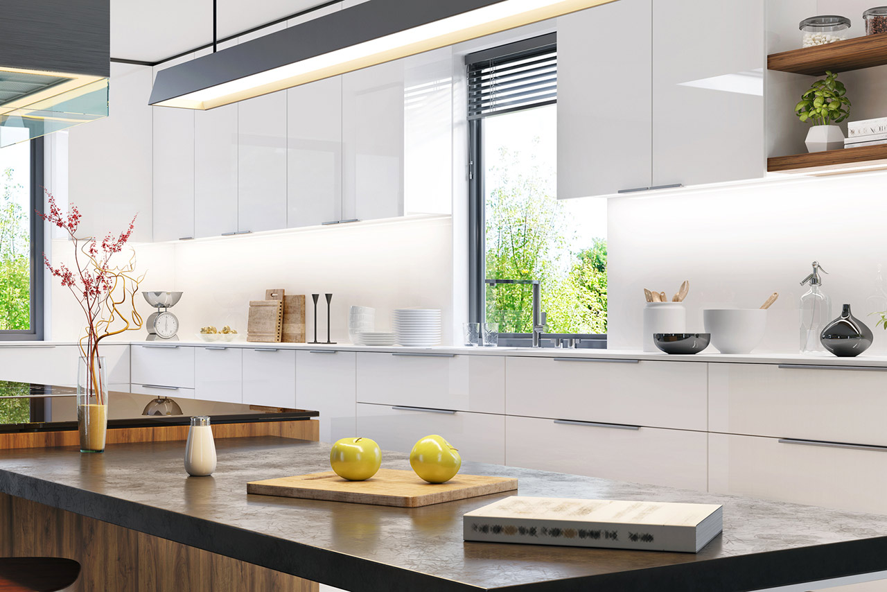 Luxurious interior of modern white kitchen stock photo