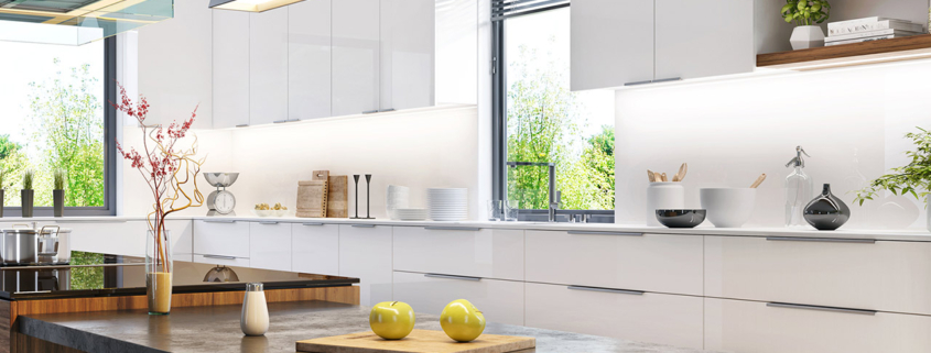 Luxurious interior of modern white kitchen stock photo