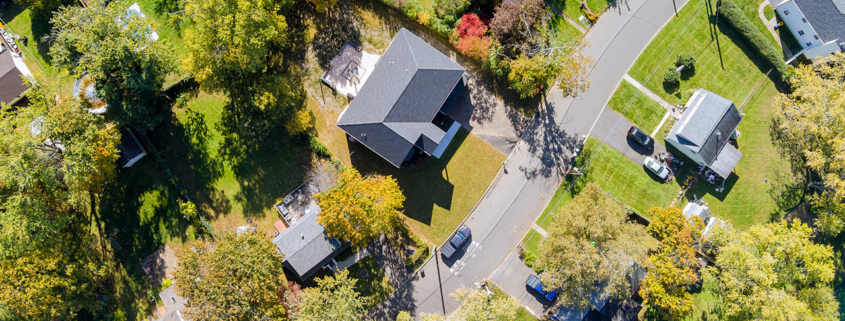 Houses with rooftop views in a small American town community